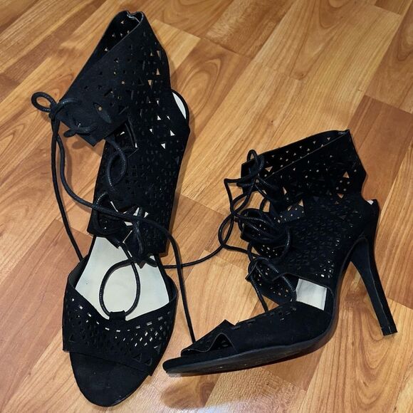 Qupid Black Lace-Up Heels - Picture 1 of 4